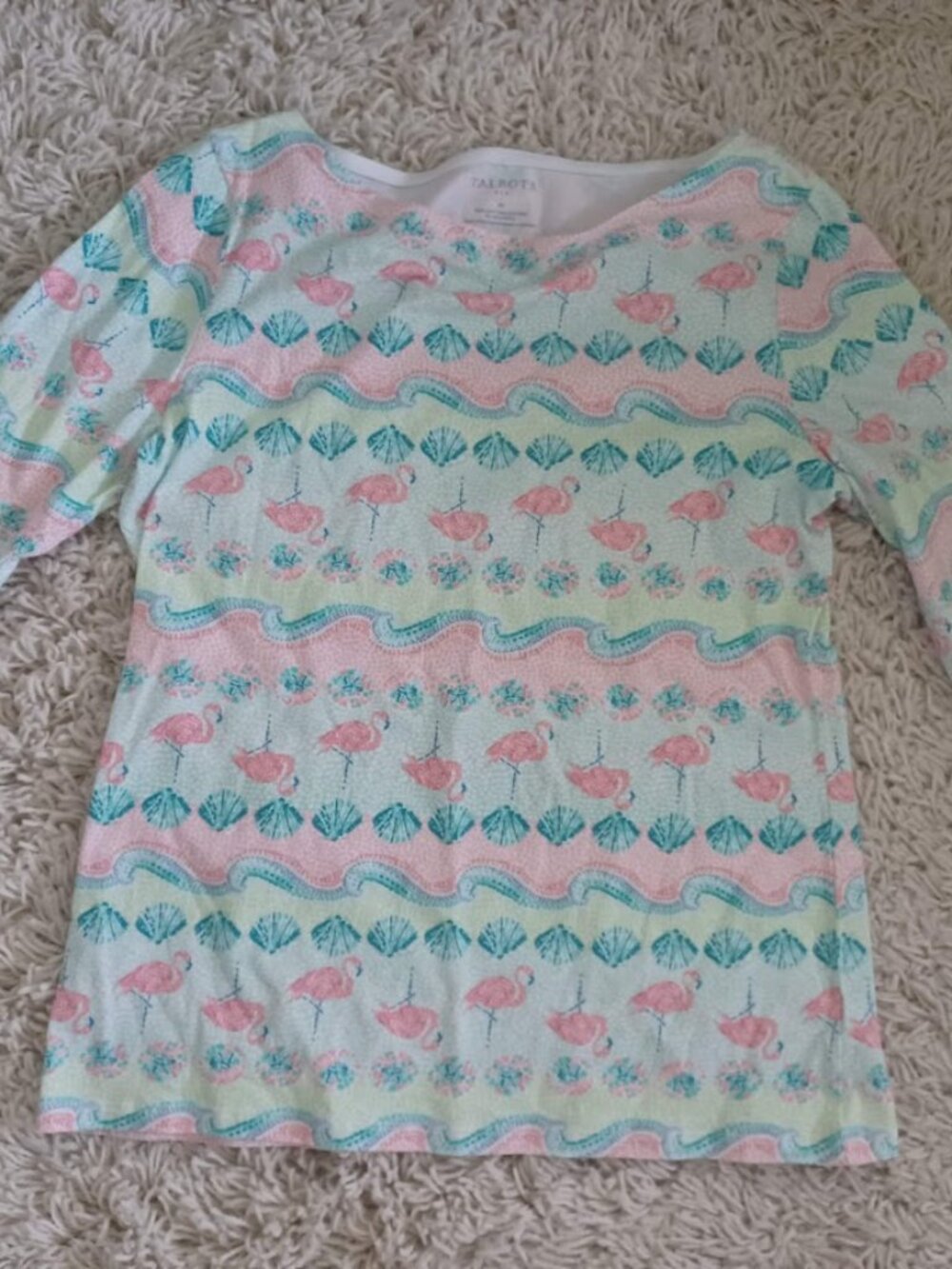Talbots Women’s Flamingo & Seashell Coastal Print Top – Size Medium